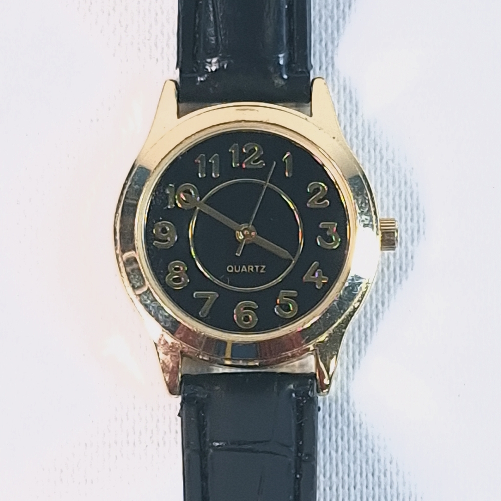 Vintage Gold Tone Black Leather Band Womens Quartz Watch, New Battery